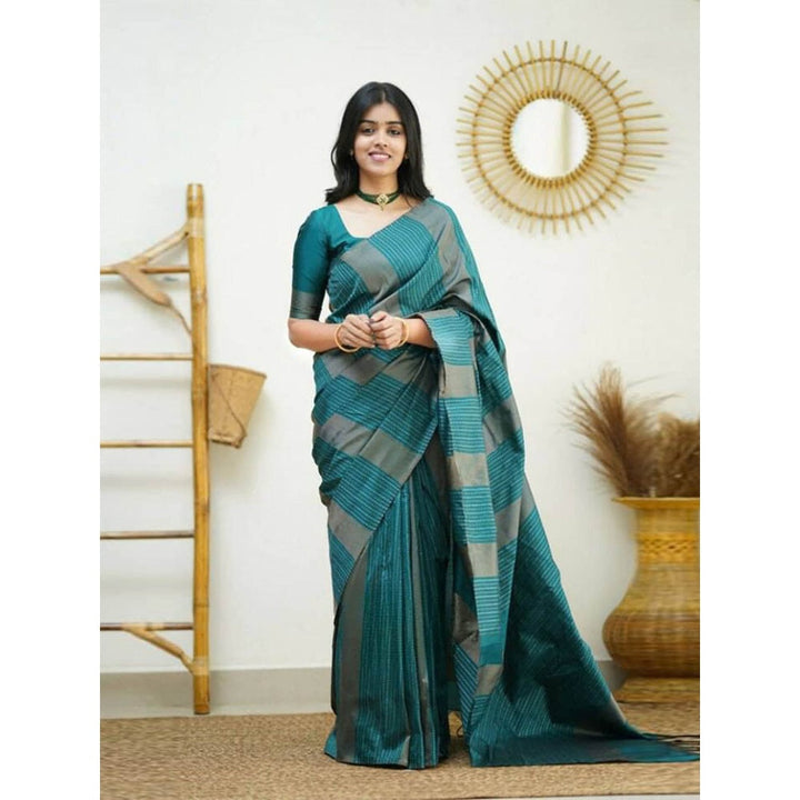 Odette Women Teal Silk Woven Saree with Unstitched Blouse