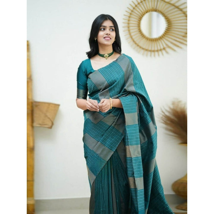 Odette Women Teal Silk Woven Saree with Unstitched Blouse