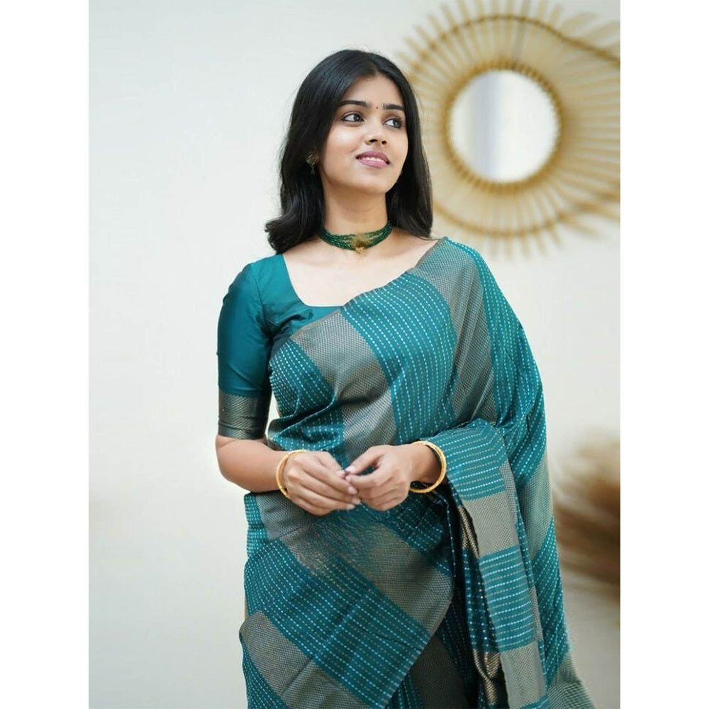 Odette Women Teal Silk Woven Saree with Unstitched Blouse