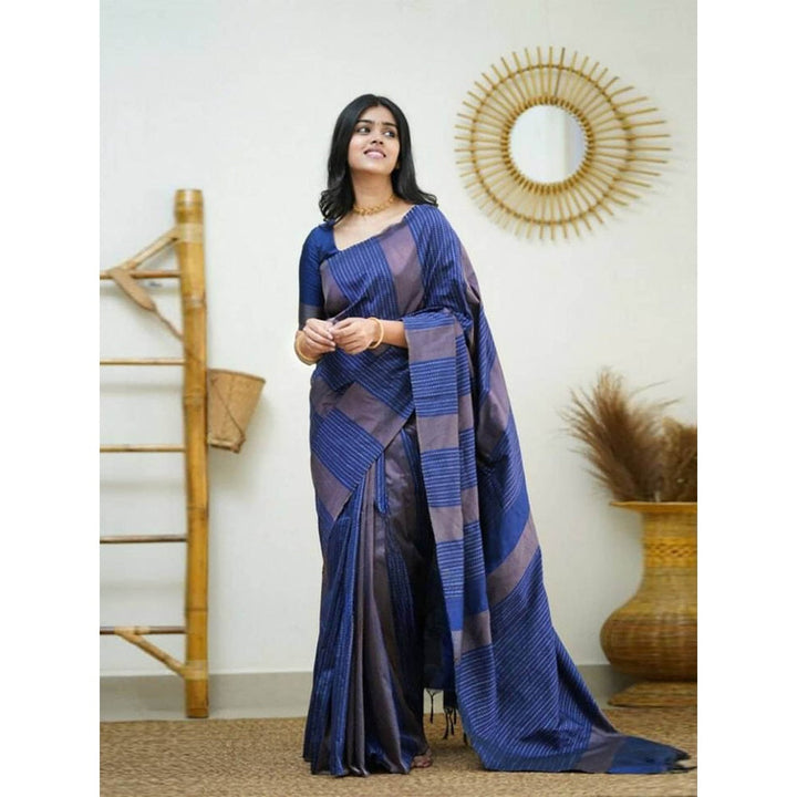 Odette Women Indigo Silk Woven Saree with Unstitched Blouse