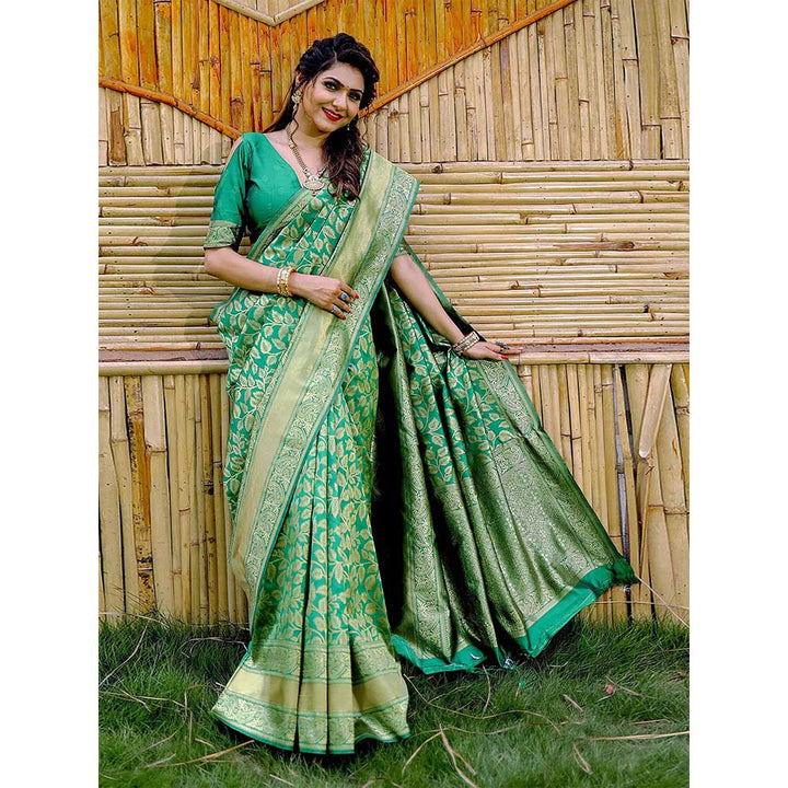 Odette Women Green Silk Woven Saree with Unstitched Blouse