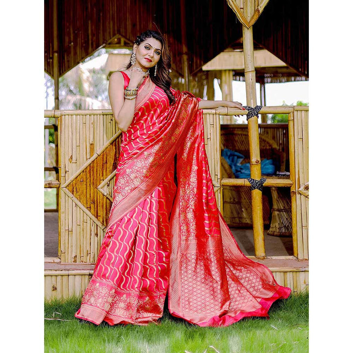 Odette Women Pink Silk Woven Saree with Unstitched Blouse