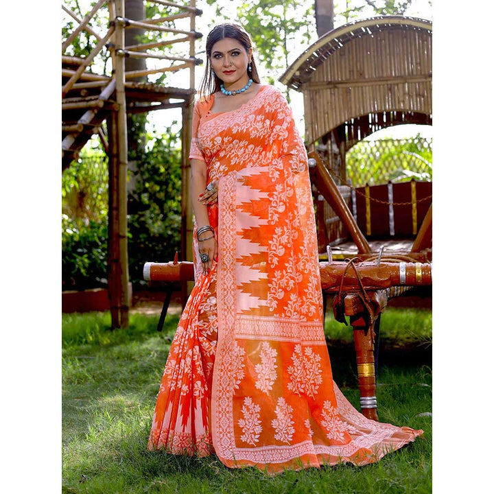 Odette Women Orange Cotton Blend Woven Saree with Unstitched Blouse