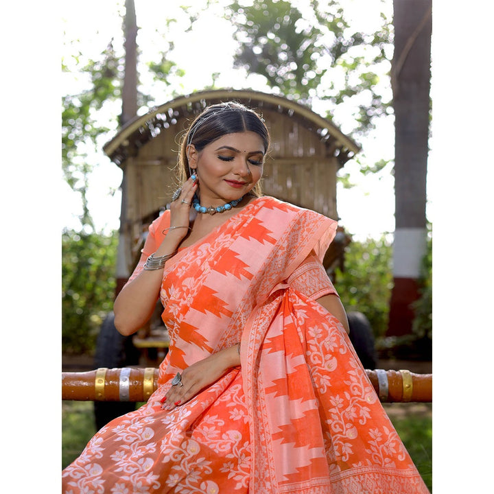 Odette Women Orange Cotton Blend Woven Saree with Unstitched Blouse