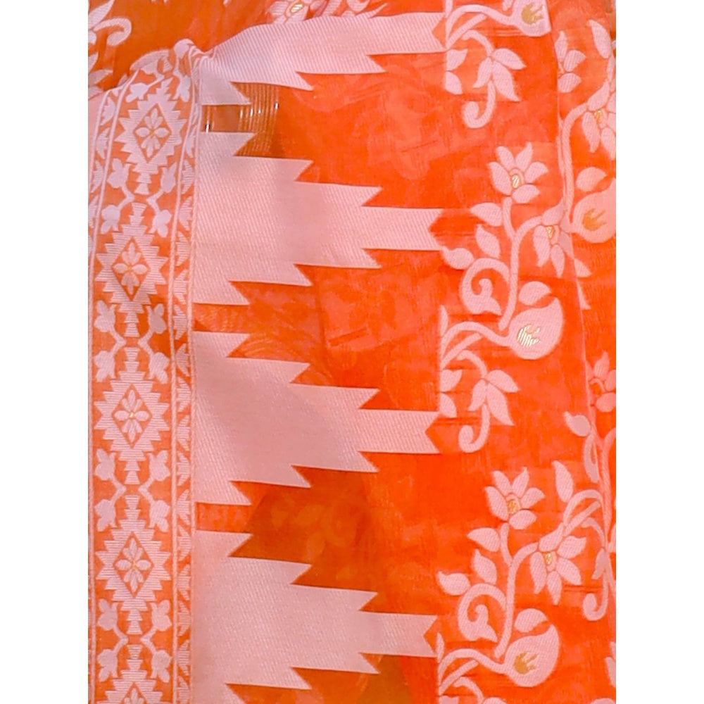 Odette Women Orange Cotton Blend Woven Saree with Unstitched Blouse