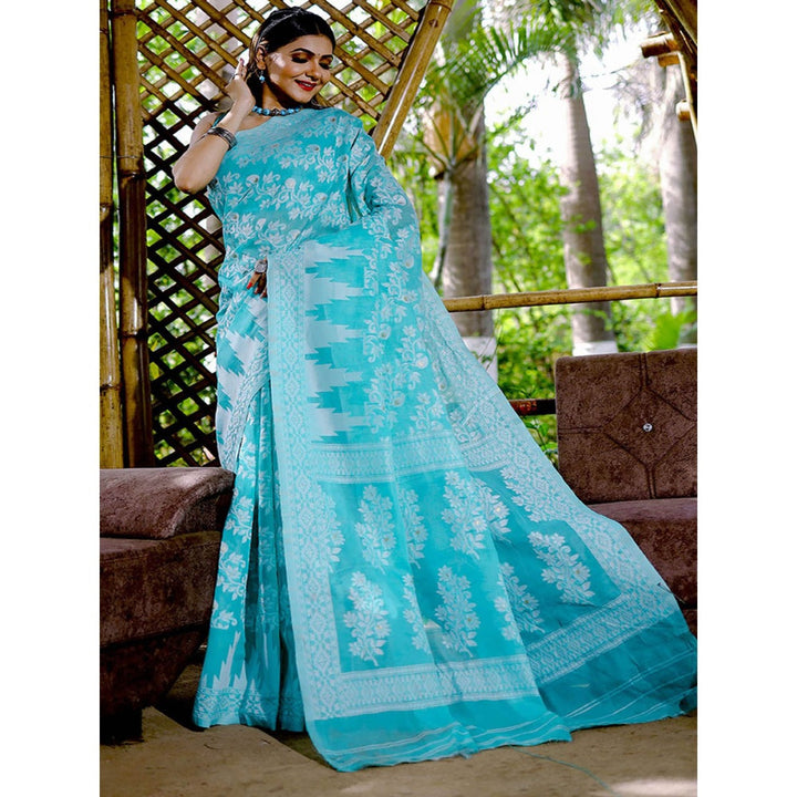 Odette Women Turquoise Cotton Blend Woven Saree with Unstitched Blouse