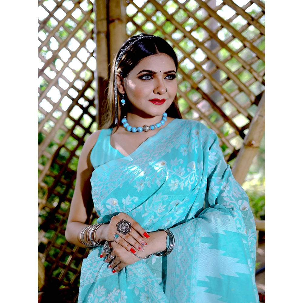 Odette Women Turquoise Cotton Blend Woven Saree with Unstitched Blouse