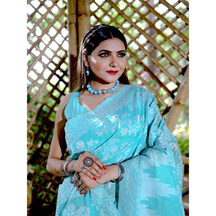 Odette Women Turquoise Cotton Blend Woven Saree with Unstitched Blouse