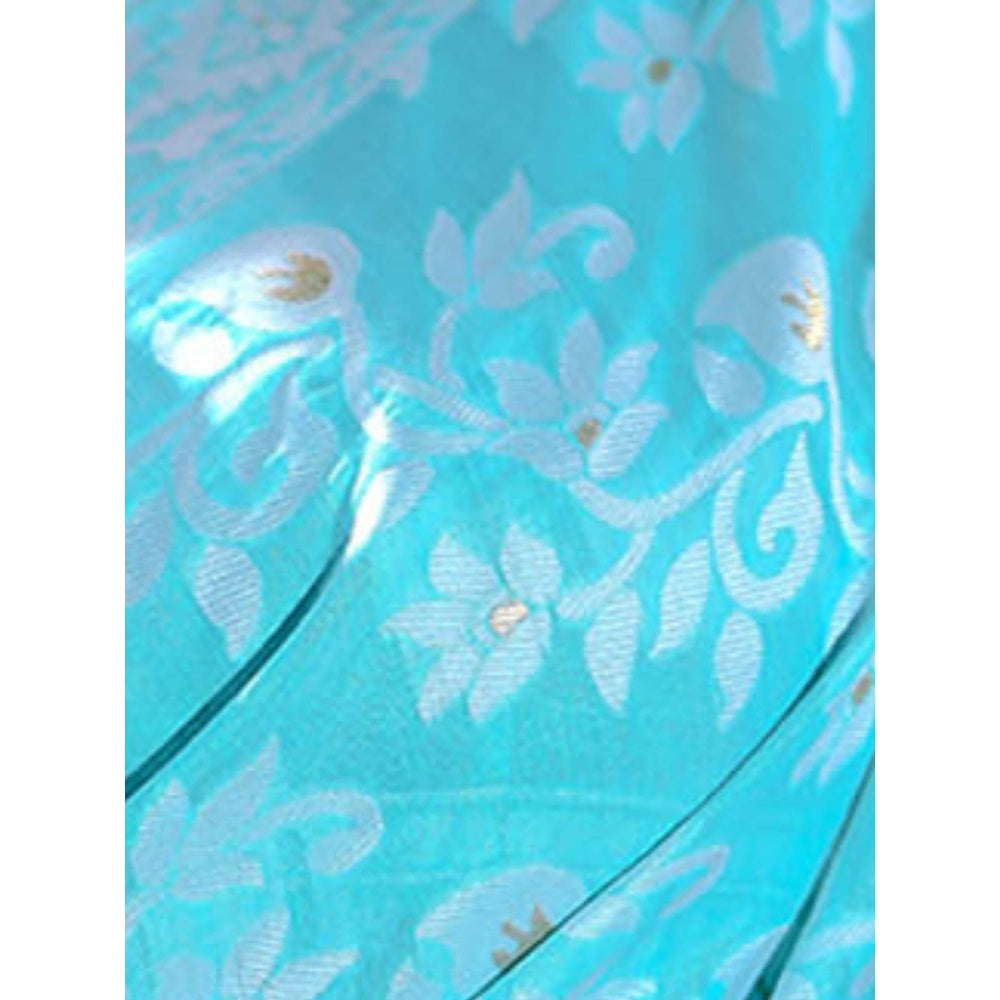 Odette Women Turquoise Cotton Blend Woven Saree with Unstitched Blouse