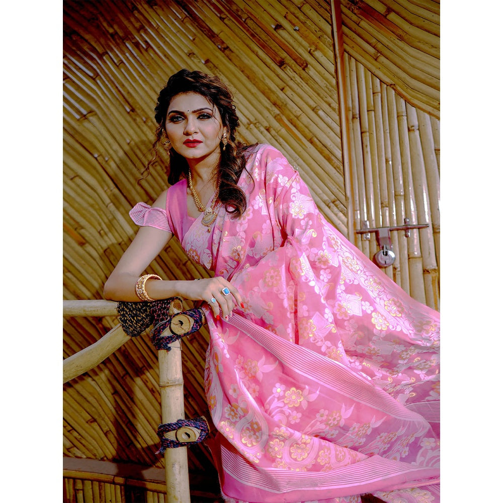 Odette Women Pink Cotton Blend Woven Saree with Unstitched Blouse