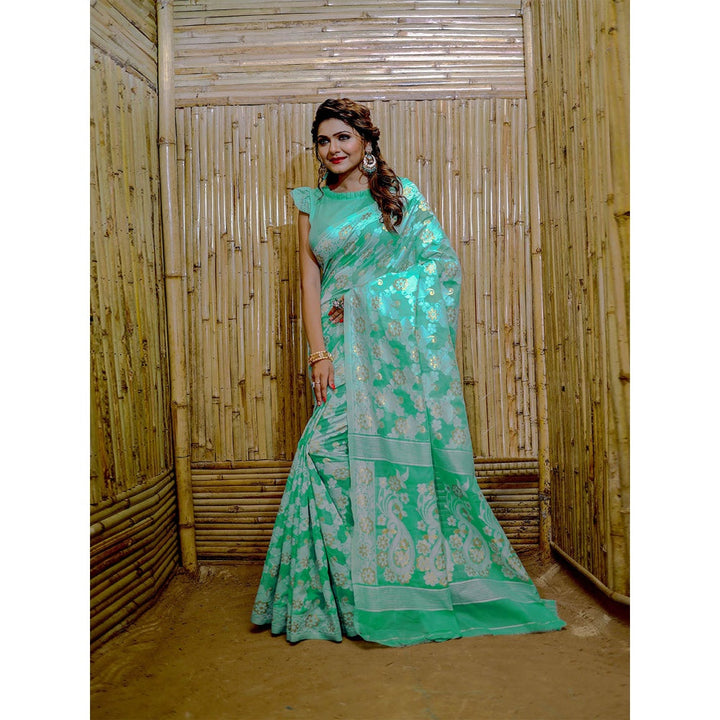 Odette Women Green Cotton Blend Woven Saree with Unstitched Blouse