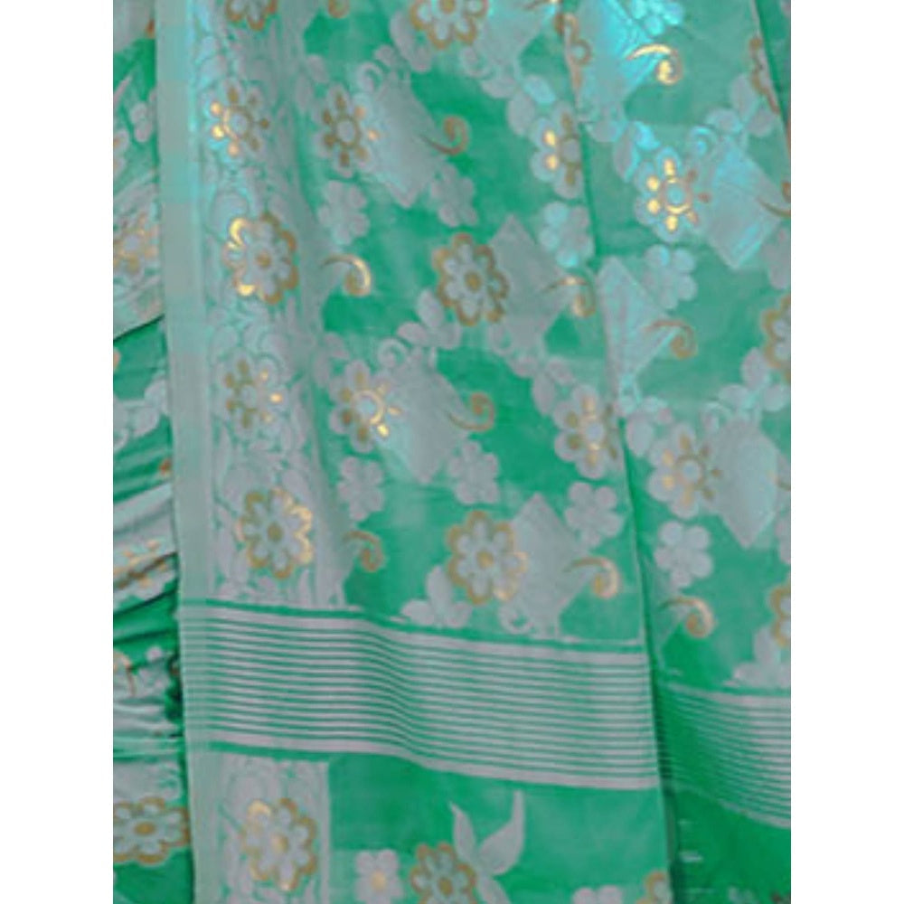 Odette Women Green Cotton Blend Woven Saree with Unstitched Blouse