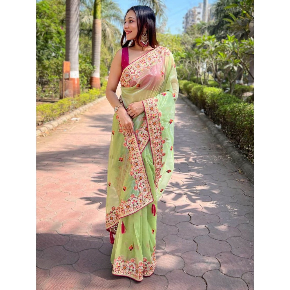 Odette Women Green Embroidered Net Saree with Unstitched Blouse