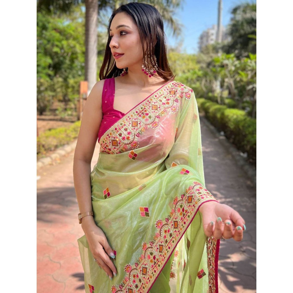 Odette Women Green Embroidered Net Saree with Unstitched Blouse