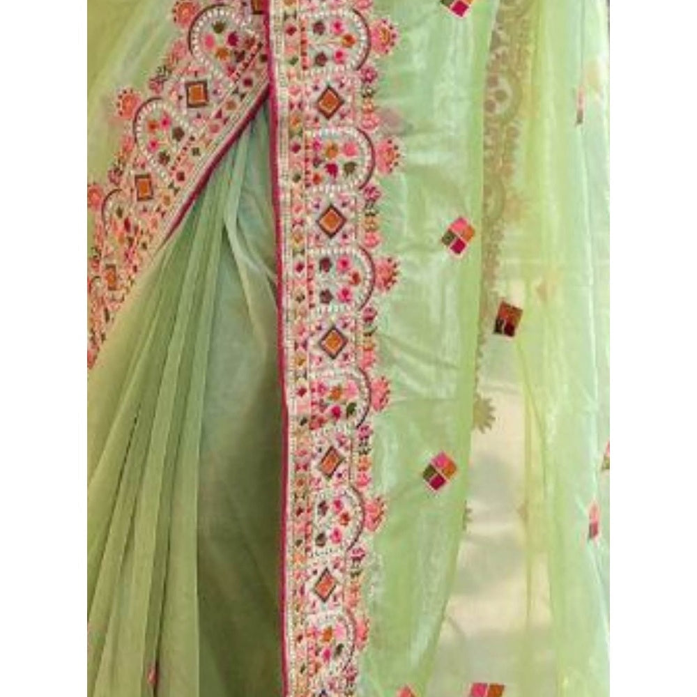 Odette Women Green Embroidered Net Saree with Unstitched Blouse