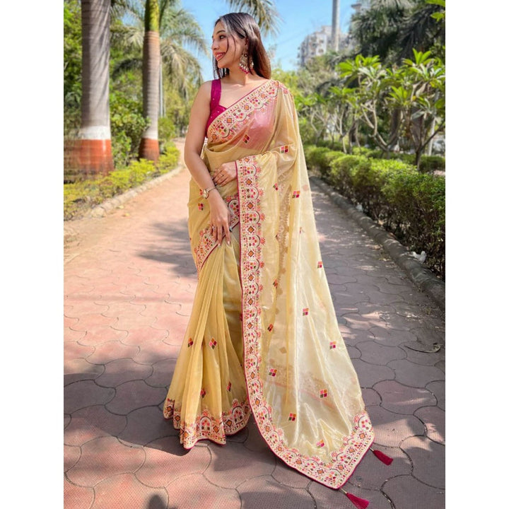 Odette Women Yellow Embroidered Net Saree with Unstitched Blouse