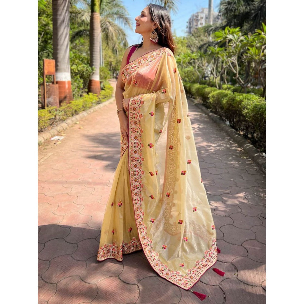 Odette Women Yellow Embroidered Net Saree with Unstitched Blouse