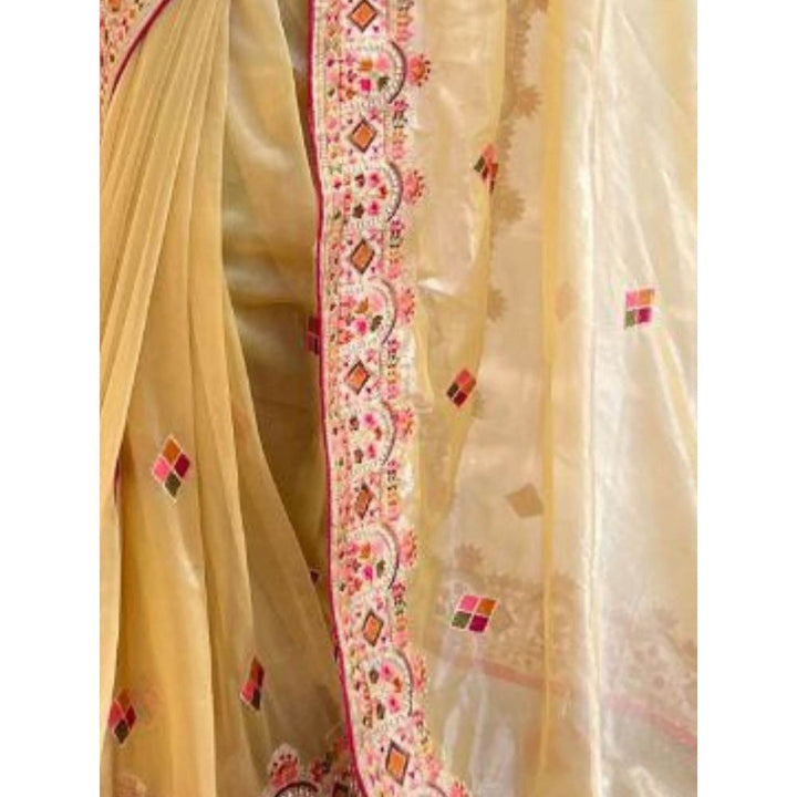 Odette Women Yellow Embroidered Net Saree with Unstitched Blouse