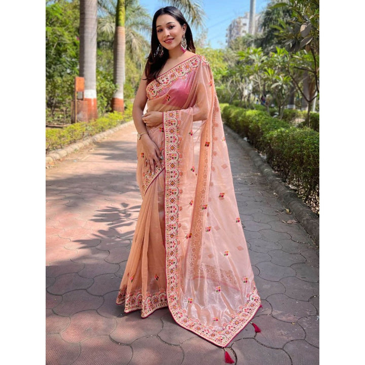 Odette Women Peach Embroidered Net Saree with Unstitched Blouse