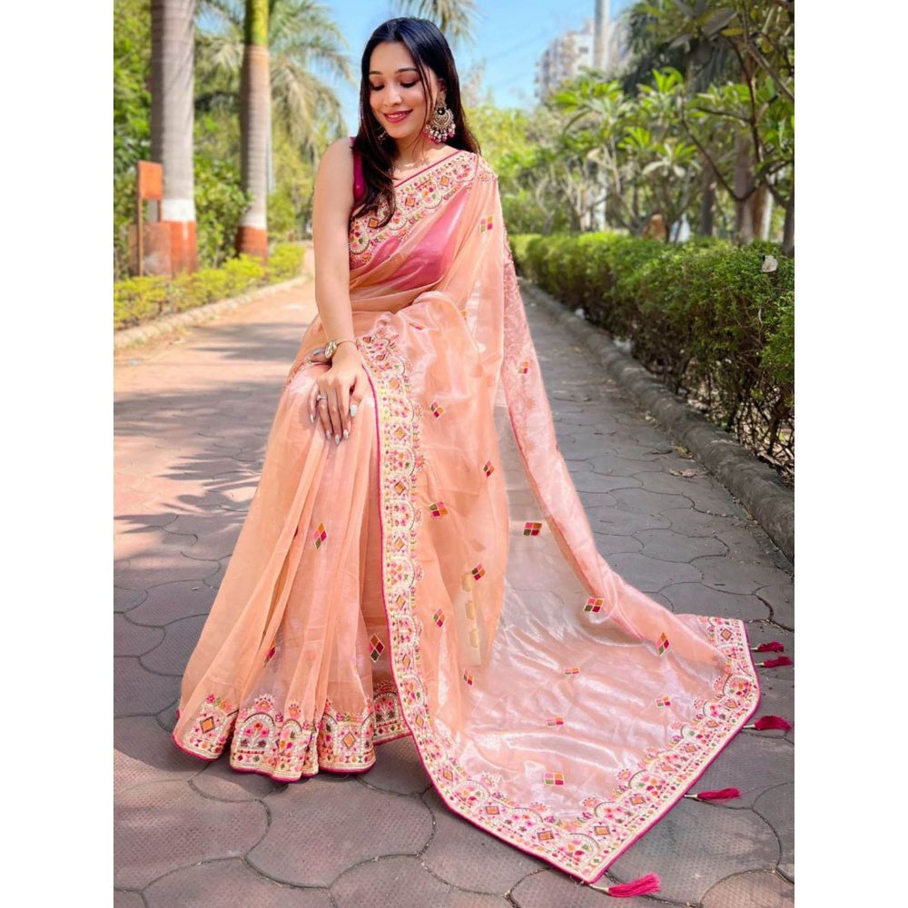 Odette Women Peach Embroidered Net Saree with Unstitched Blouse