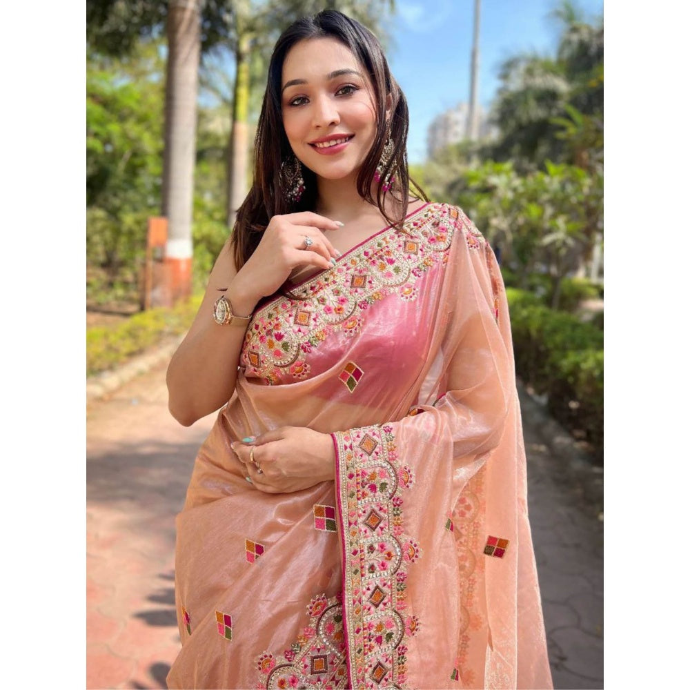 Odette Women Peach Embroidered Net Saree with Unstitched Blouse