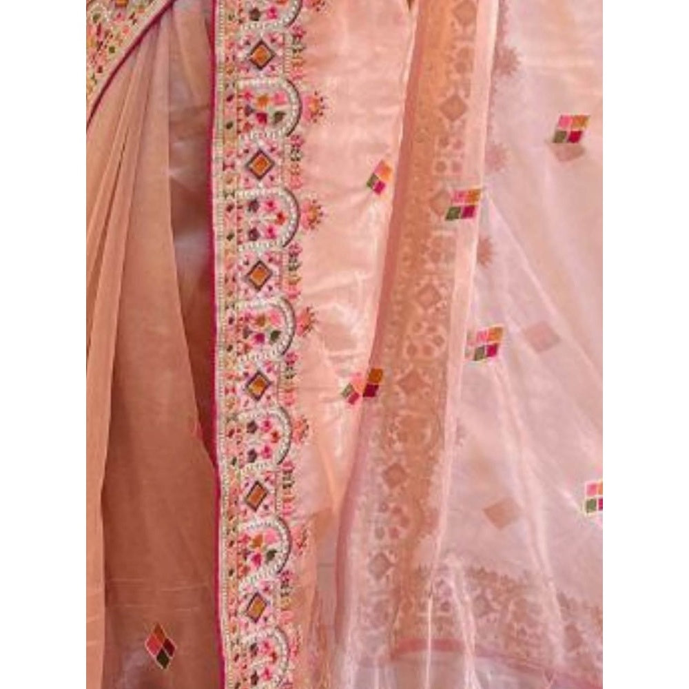 Odette Women Peach Embroidered Net Saree with Unstitched Blouse