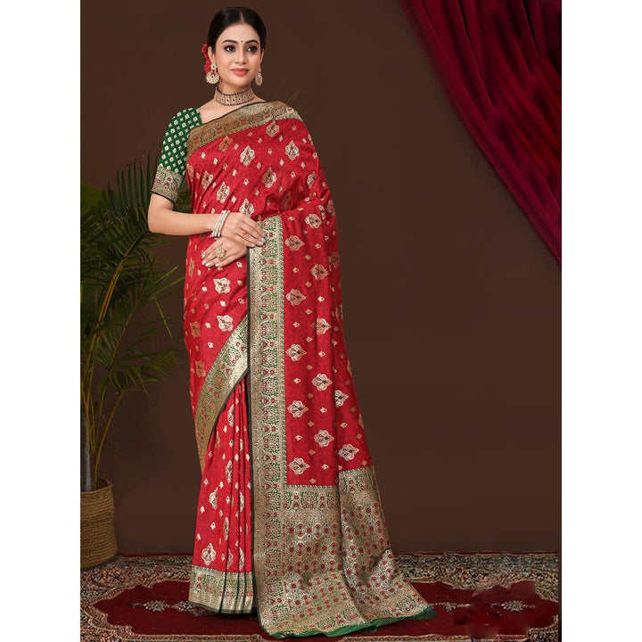 Odette Women Red Silk Saree with Unstitched Blouse