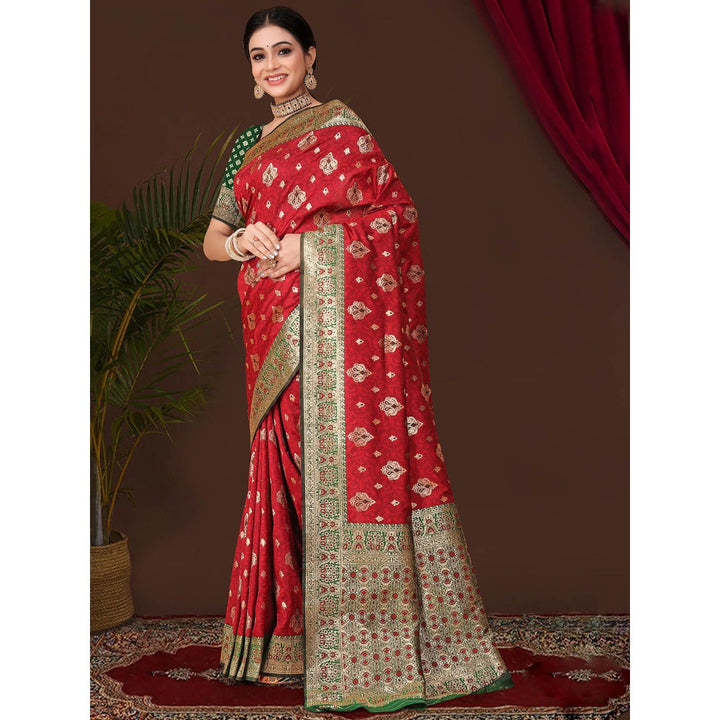 Odette Women Red Silk Saree with Unstitched Blouse