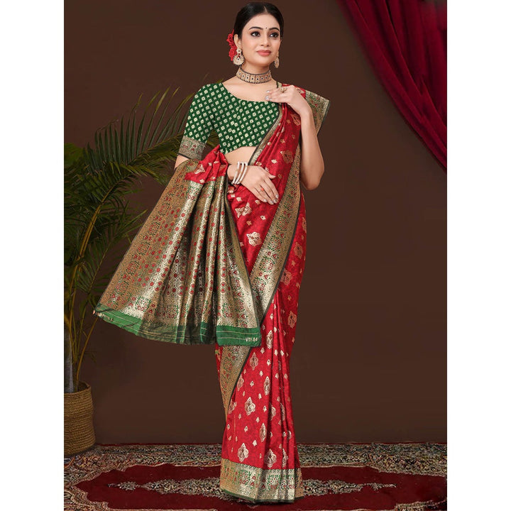 Odette Women Red Silk Saree with Unstitched Blouse