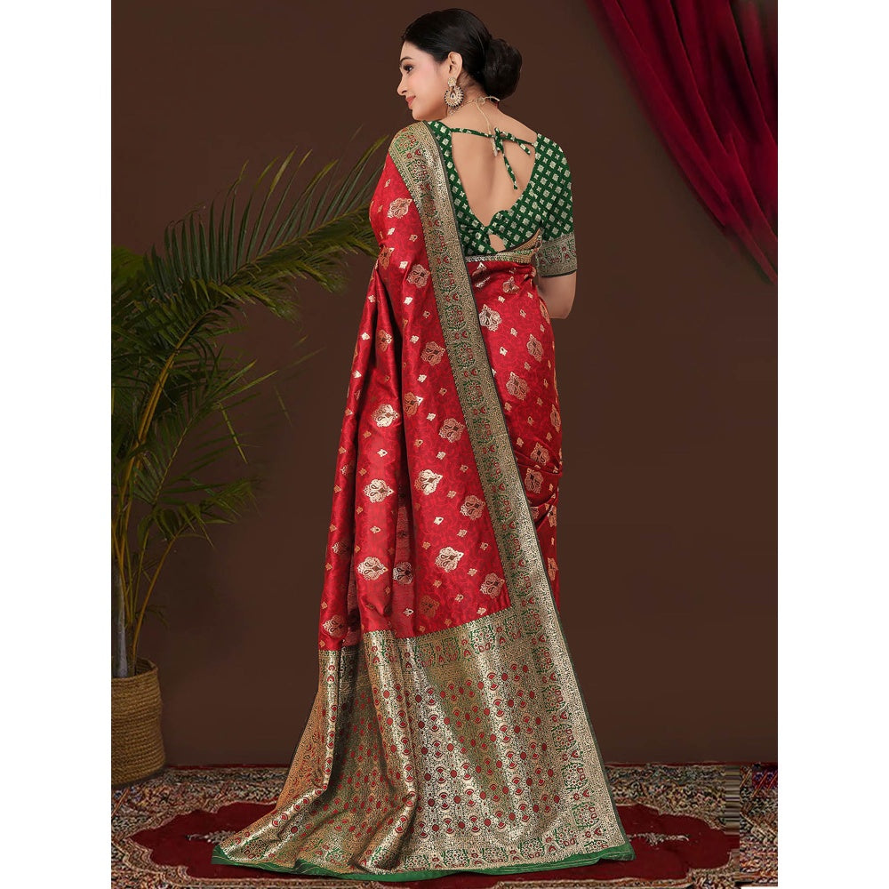 Odette Women Red Silk Saree with Unstitched Blouse