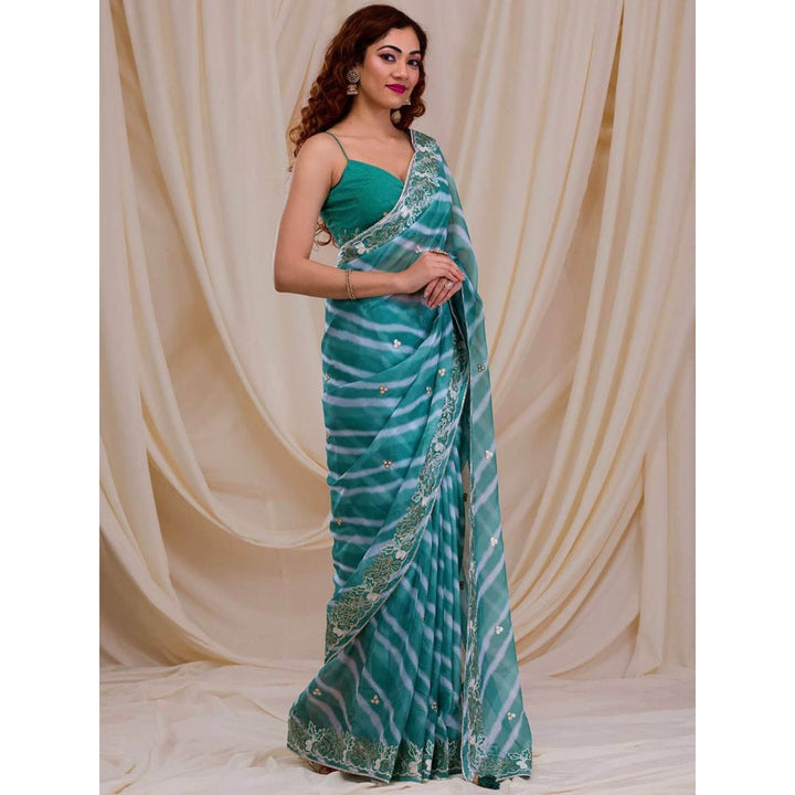 Odette Women Teal Georgette Saree with Unstitched Blouse