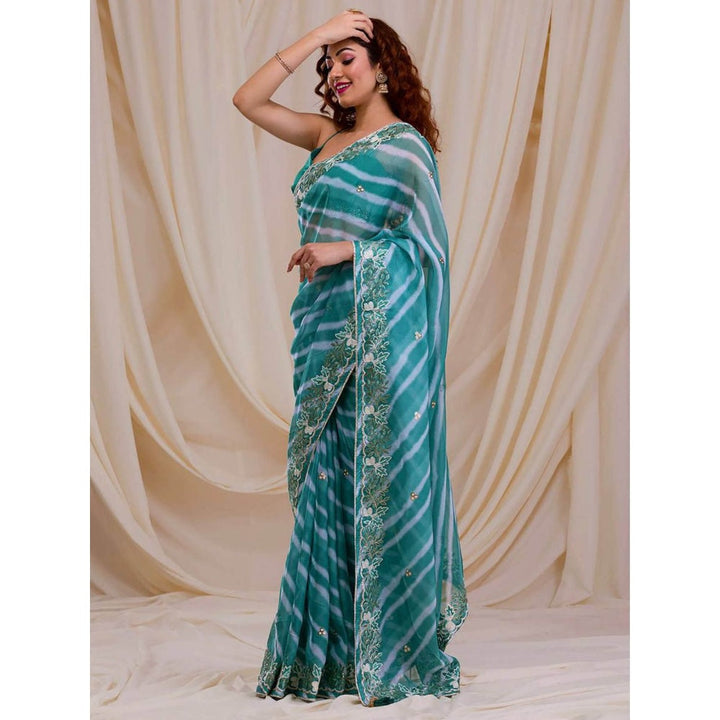 Odette Women Teal Georgette Saree with Unstitched Blouse