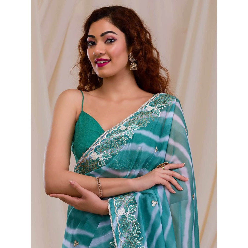 Odette Women Teal Georgette Saree with Unstitched Blouse