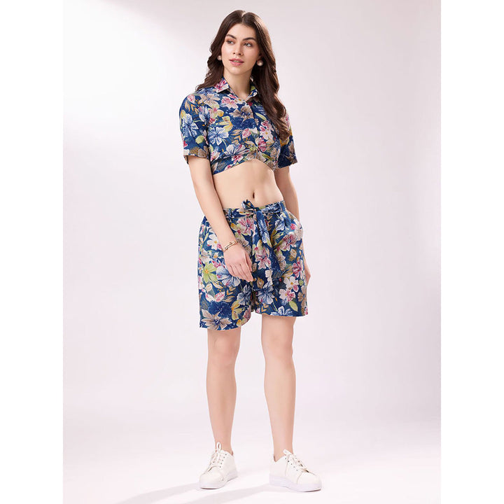 Odette Blue Cotton Printed Stitched Co-Ord (Set of 3)