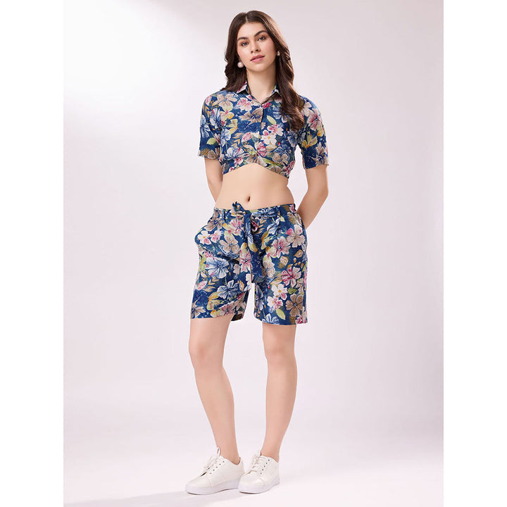 Odette Blue Cotton Printed Stitched Co-Ord (Set of 3)