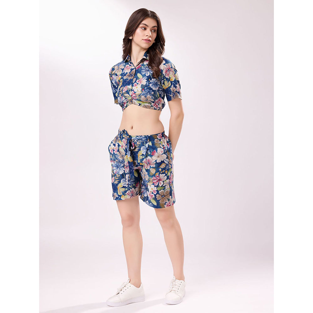 Odette Blue Cotton Printed Stitched Co-Ord (Set of 3)