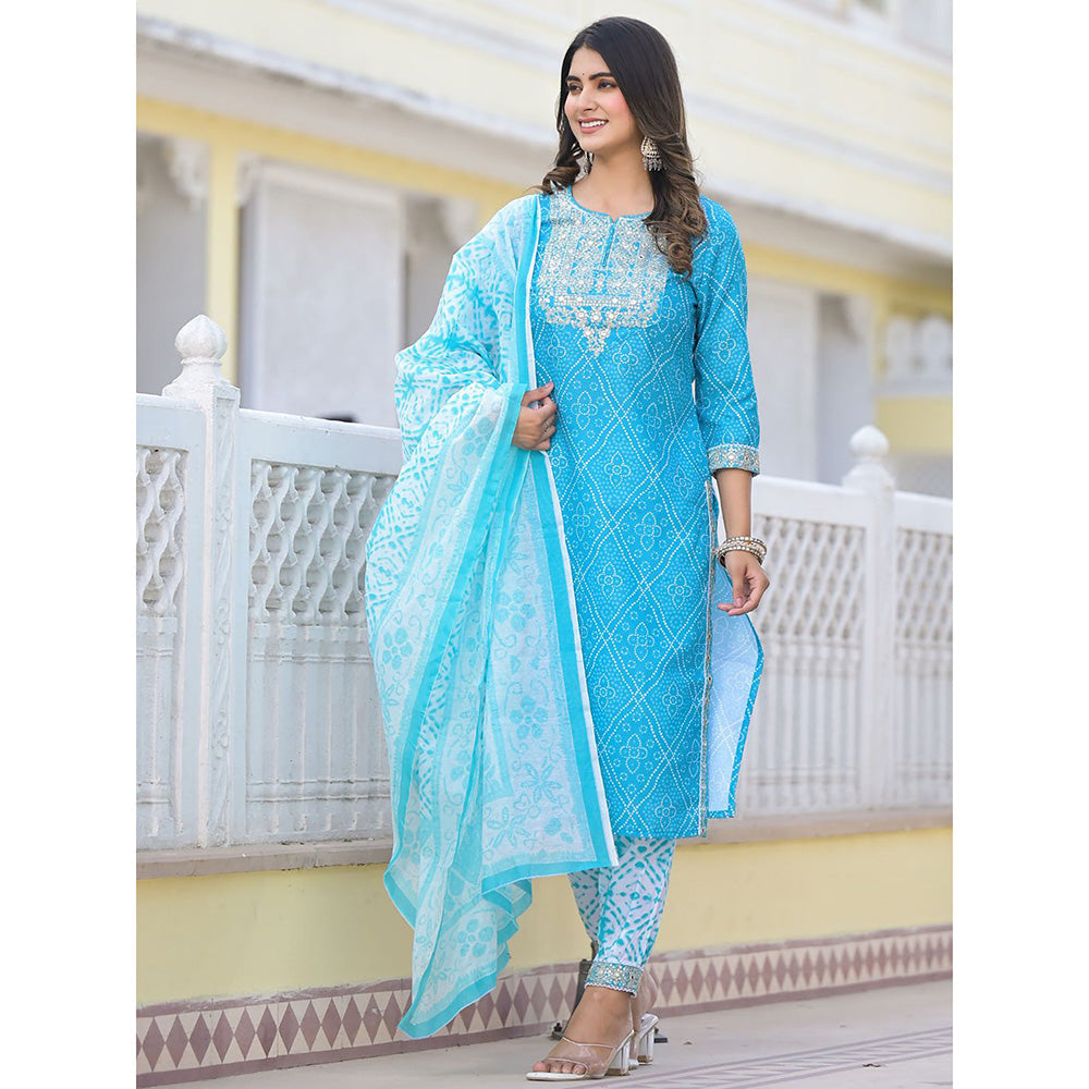 Odette Blue Printed Cotton Stitched Kurta with Pant and Dupatta (Set of 3)