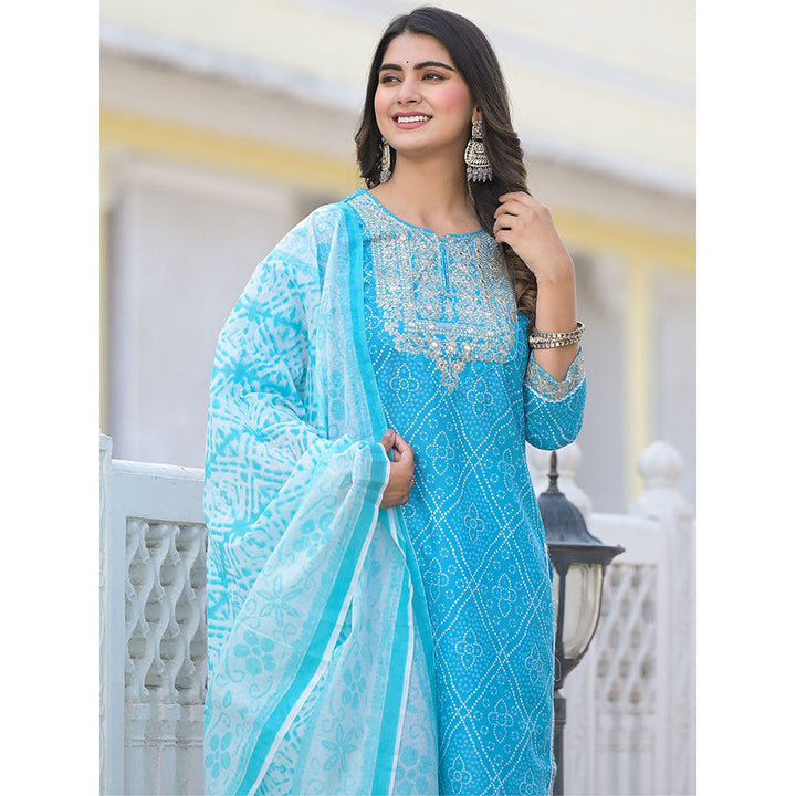 Odette Blue Printed Cotton Stitched Kurta with Pant and Dupatta (Set of 3)