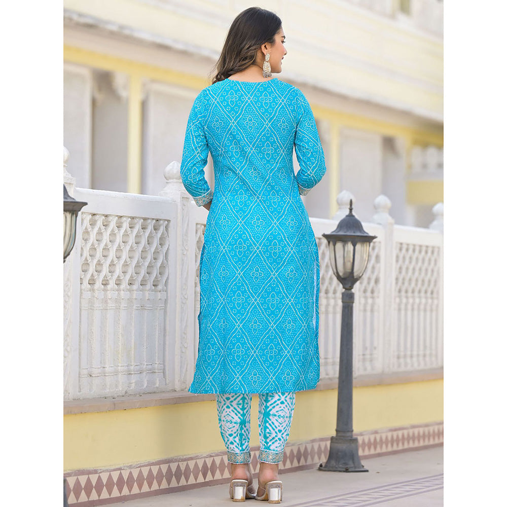 Odette Blue Printed Cotton Stitched Kurta with Pant and Dupatta (Set of 3)