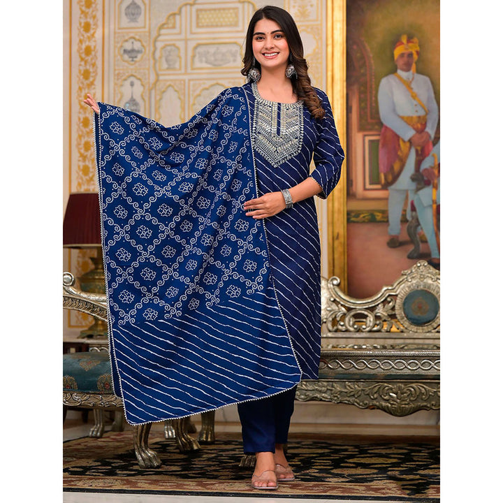 Odette Blue Printed Cotton Stitched Kurta with Pant and Dupatta (Set of 3)