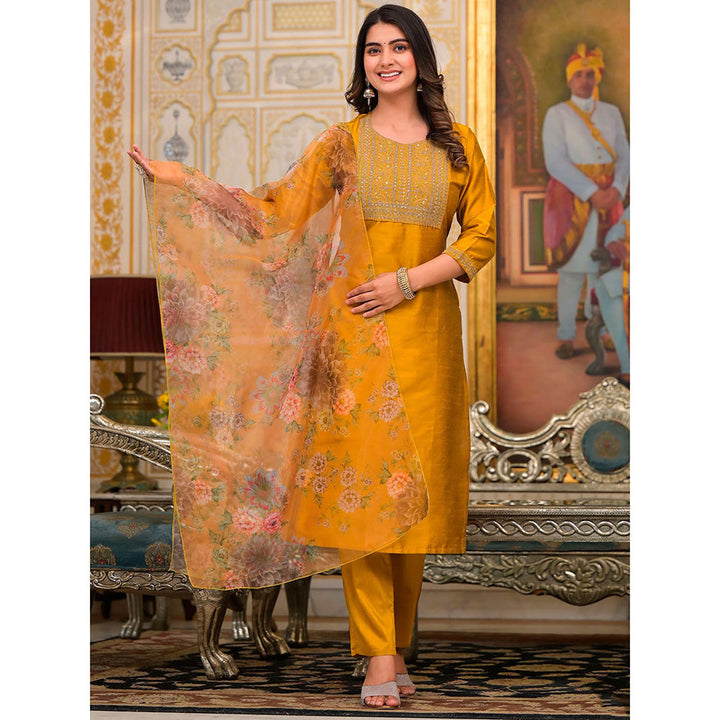 Odette Mustard Embroidered Poly Silk Stitched Kurta with Pant and Dupatta (Set of 3)