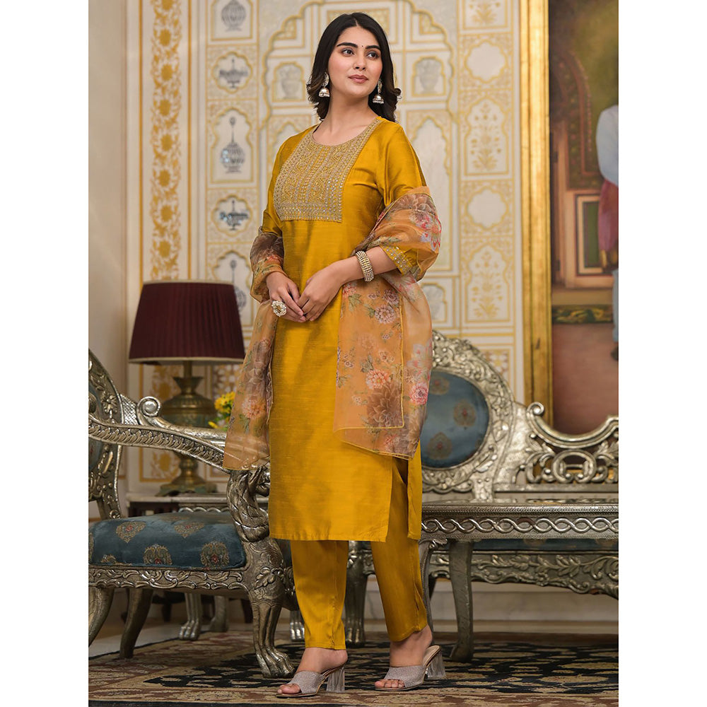 Odette Mustard Embroidered Poly Silk Stitched Kurta with Pant and Dupatta (Set of 3)