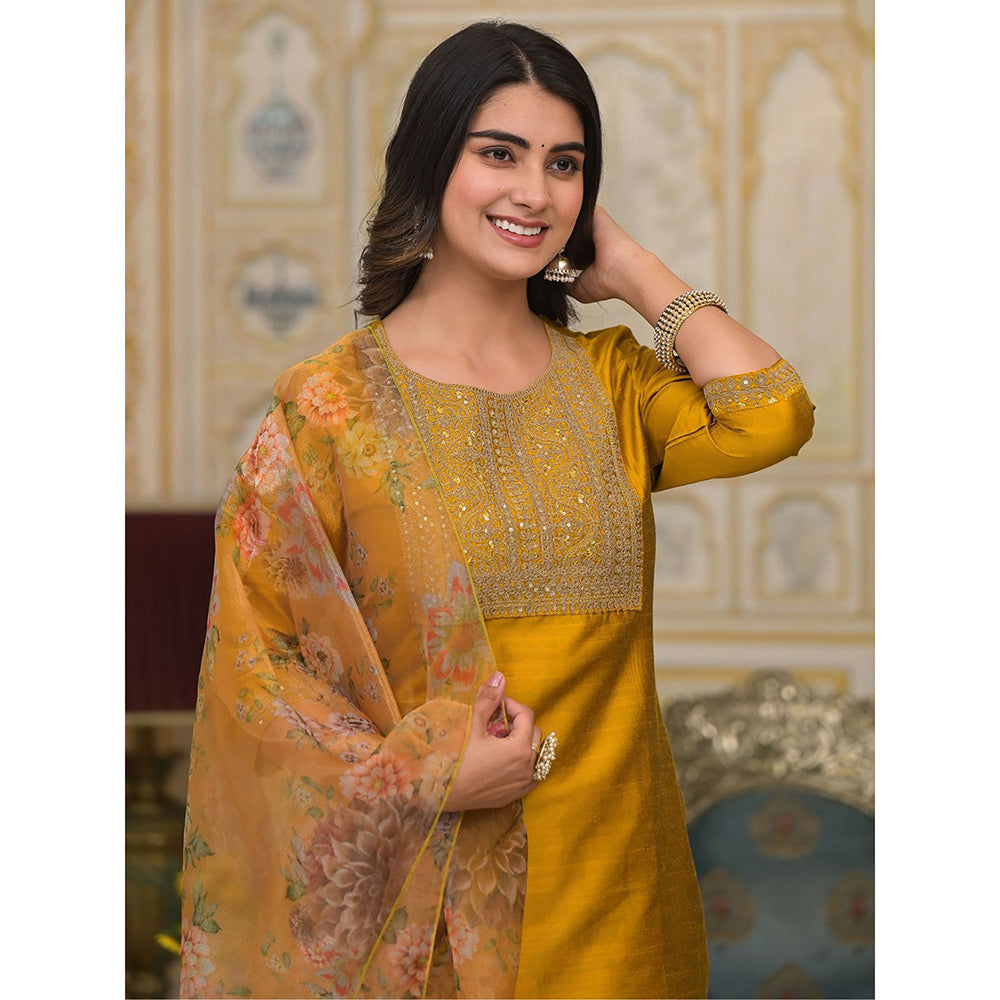 Odette Mustard Embroidered Poly Silk Stitched Kurta with Pant and Dupatta (Set of 3)