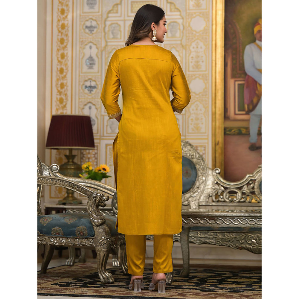 Odette Mustard Embroidered Poly Silk Stitched Kurta with Pant and Dupatta (Set of 3)