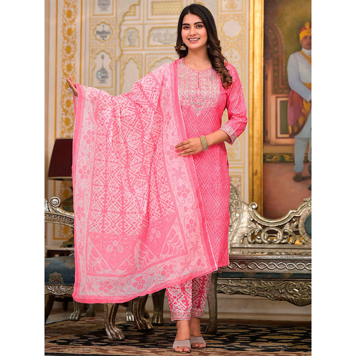 Odette Pink Printed Cotton Stitched Kurta with Pant and Dupatta (Set of 3)