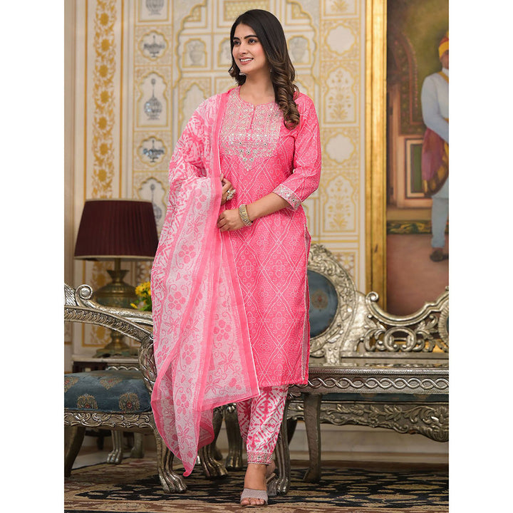 Odette Pink Printed Cotton Stitched Kurta with Pant and Dupatta (Set of 3)