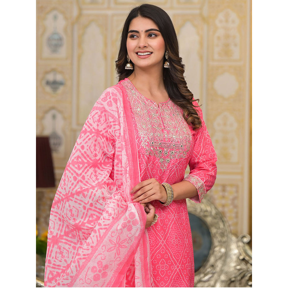 Odette Pink Printed Cotton Stitched Kurta with Pant and Dupatta (Set of 3)