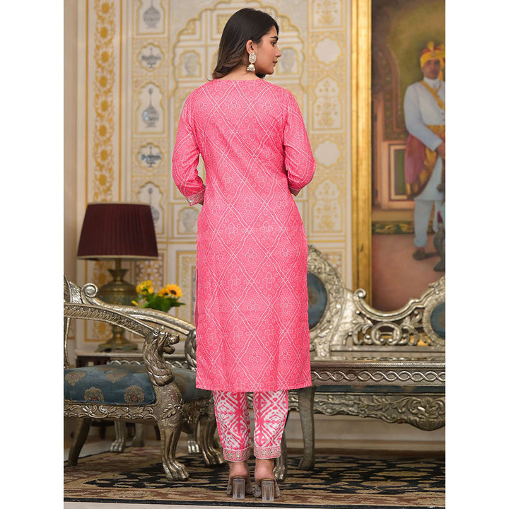 Odette Pink Printed Cotton Stitched Kurta with Pant and Dupatta (Set of 3)