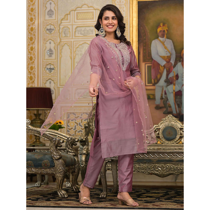 Odette Purple Embroidered Cotton Silk Stitched Kurta with Pant and Dupatta (Set of 3)