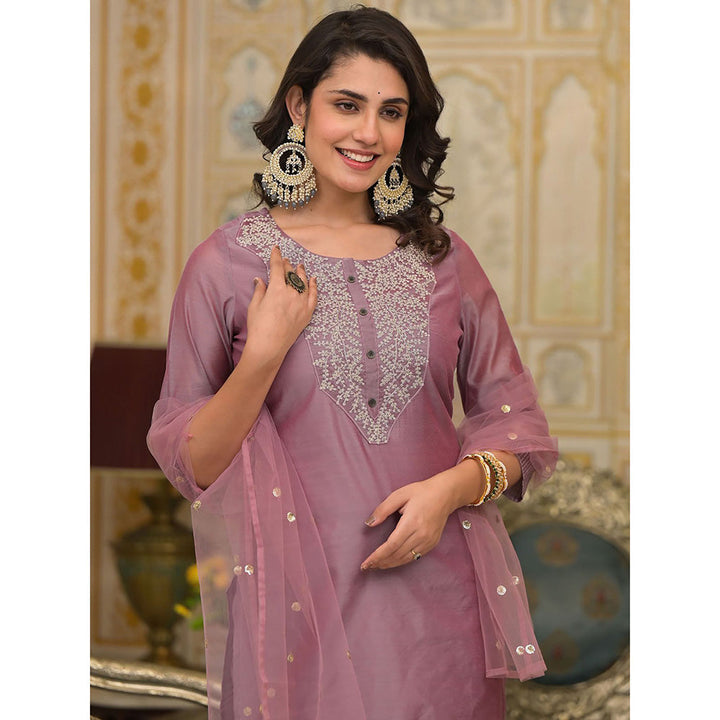 Odette Purple Embroidered Cotton Silk Stitched Kurta with Pant and Dupatta (Set of 3)